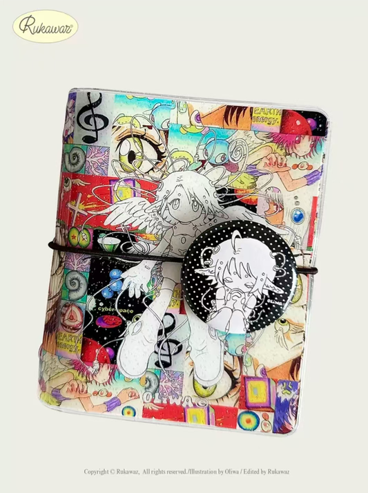 Rukawaz x Oliwa Final Angel M5 binder - manga collage cover with round badge clasp, front view